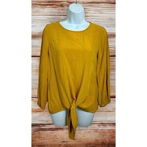LOFT Blouse Sz XS Mustard Yellow Cuffed Long-Sleeve Top Embroidered Floral Gold